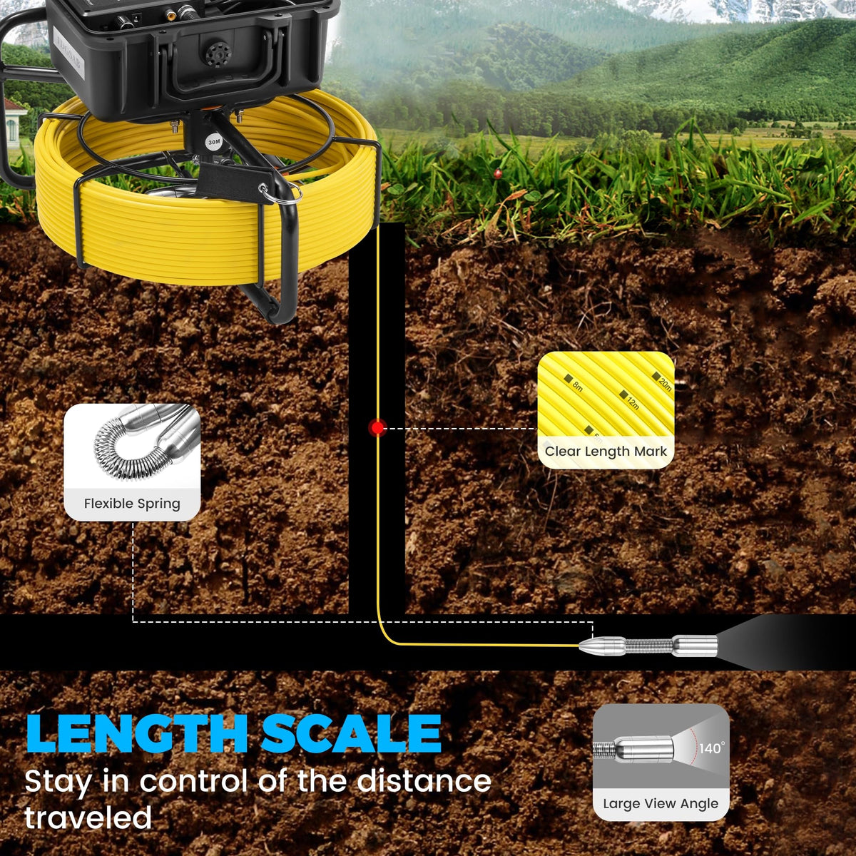 FDGSAB Sewer Camera, 20/50m, 7" Screen Pipeline Inspection Camera Waterproof IP68 w/12 Adjustable LEDs, DVR Function Have 32GB SD Card .for Sewer Line, Duct Drain Pipe Plumbing (164ft/50M DVR)