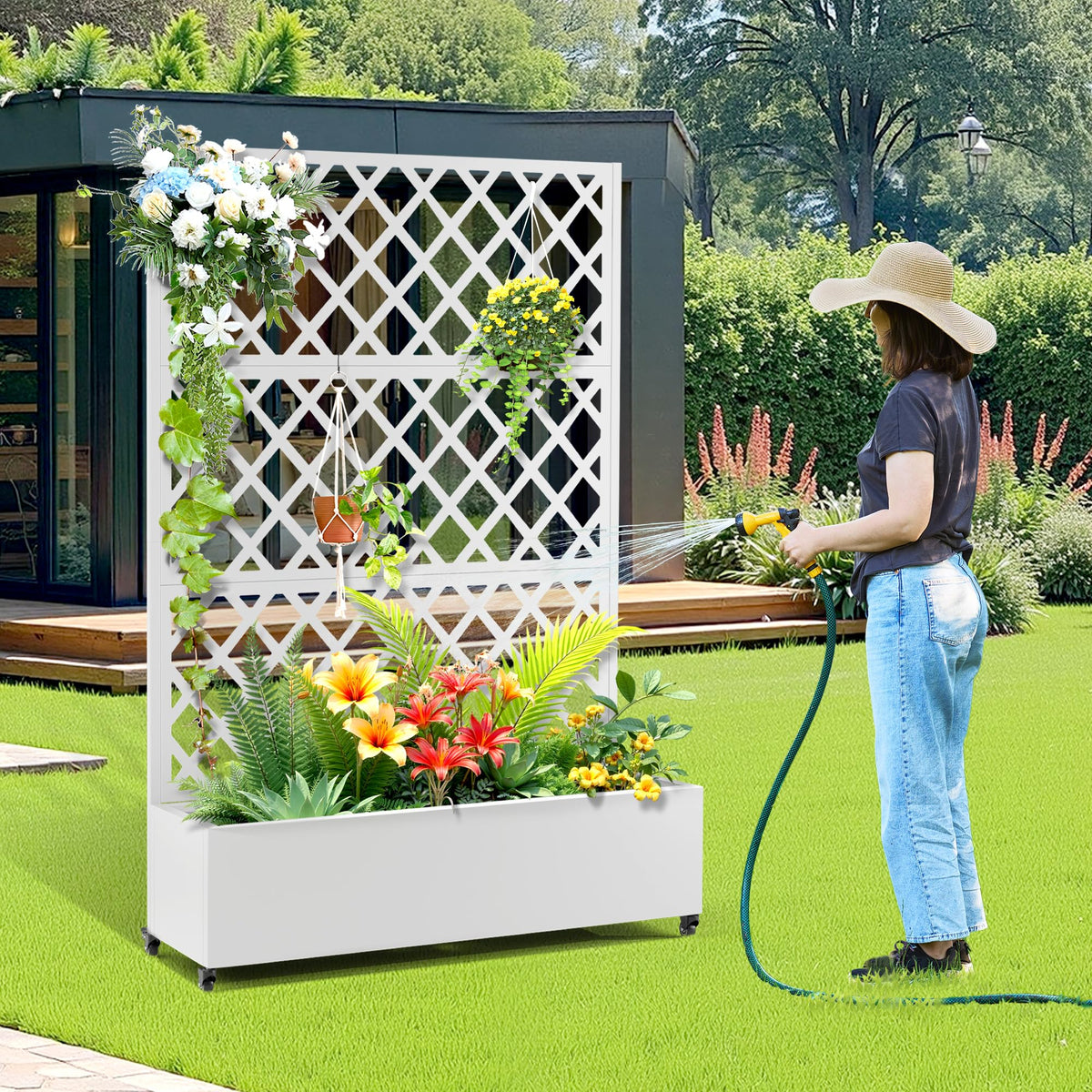 Metal Raised Garden Bed with Trellis and Wheels, 2 in 1 Trellis with Planter Box & Privacy Screen for Climbing Plants, Outdoor Standing Flower Beds with Drainage Holes, 47.2''L×15.7''W×70.9''H, White