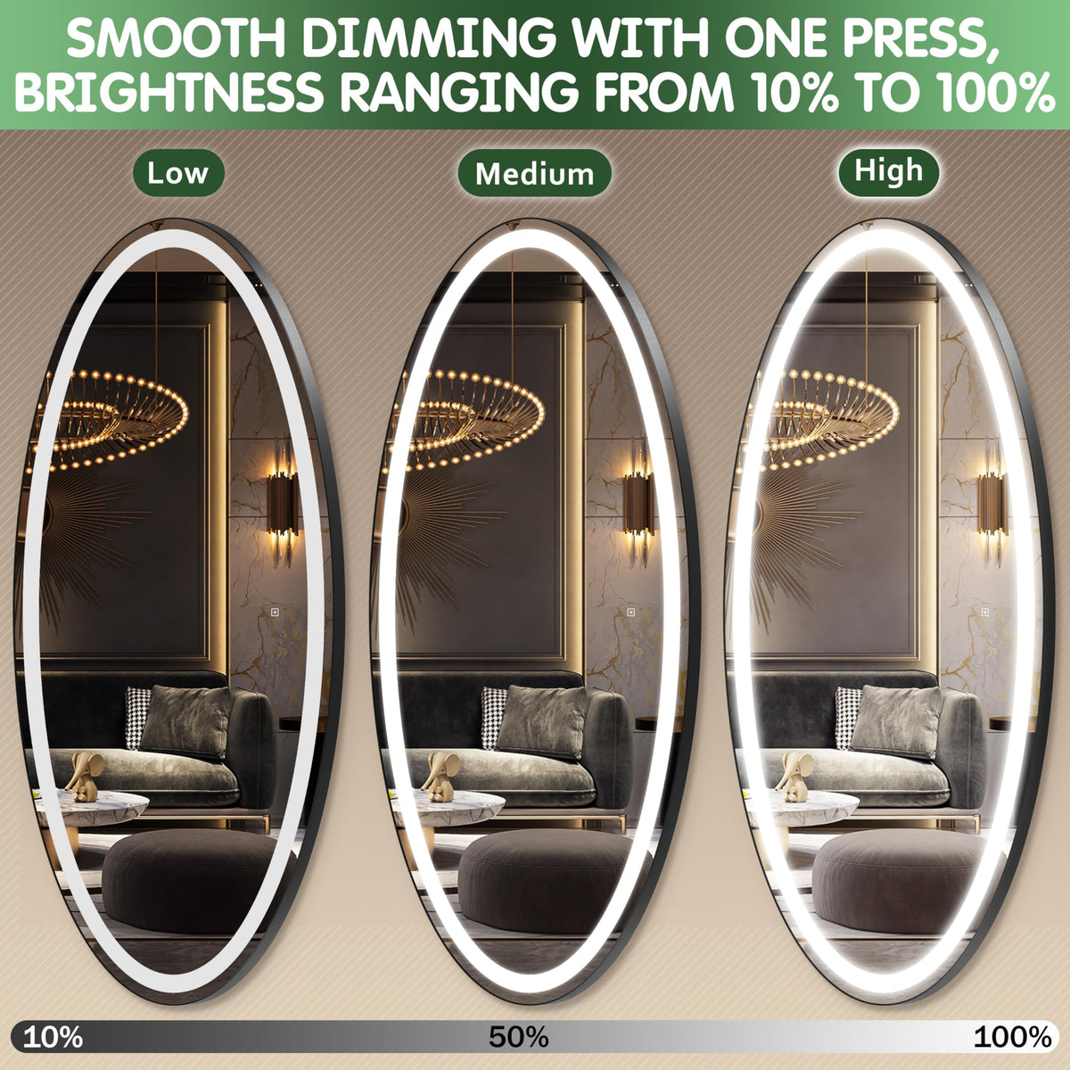 FENNIO 70" x 36" Large Wall Mounted Mirror with LED Lights, Oval Full Length LED Lighted Full Body Dressing Mirror for Bedroom, Salon, Brushed Aluminum Frame, Tempered Glass