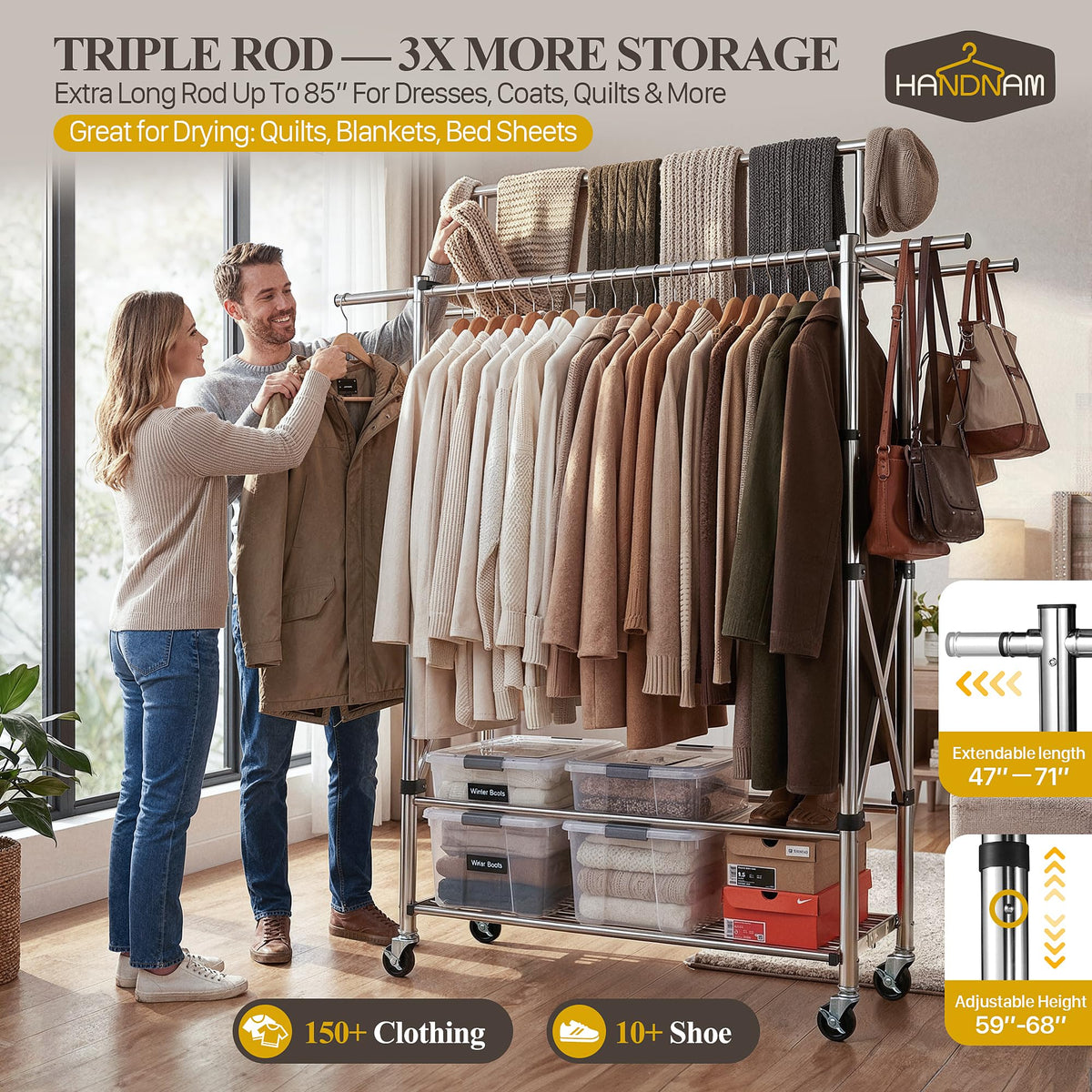 Heavy Duty Clothes Rack Load 620 LBS Foldable, Triple Rod Rolling Garment Rack for Hanging Clothes with Sturdy Wheels & Shelves, Adjustable ＆ Portable Commercial Clothing Rack with Lockable Wheels
