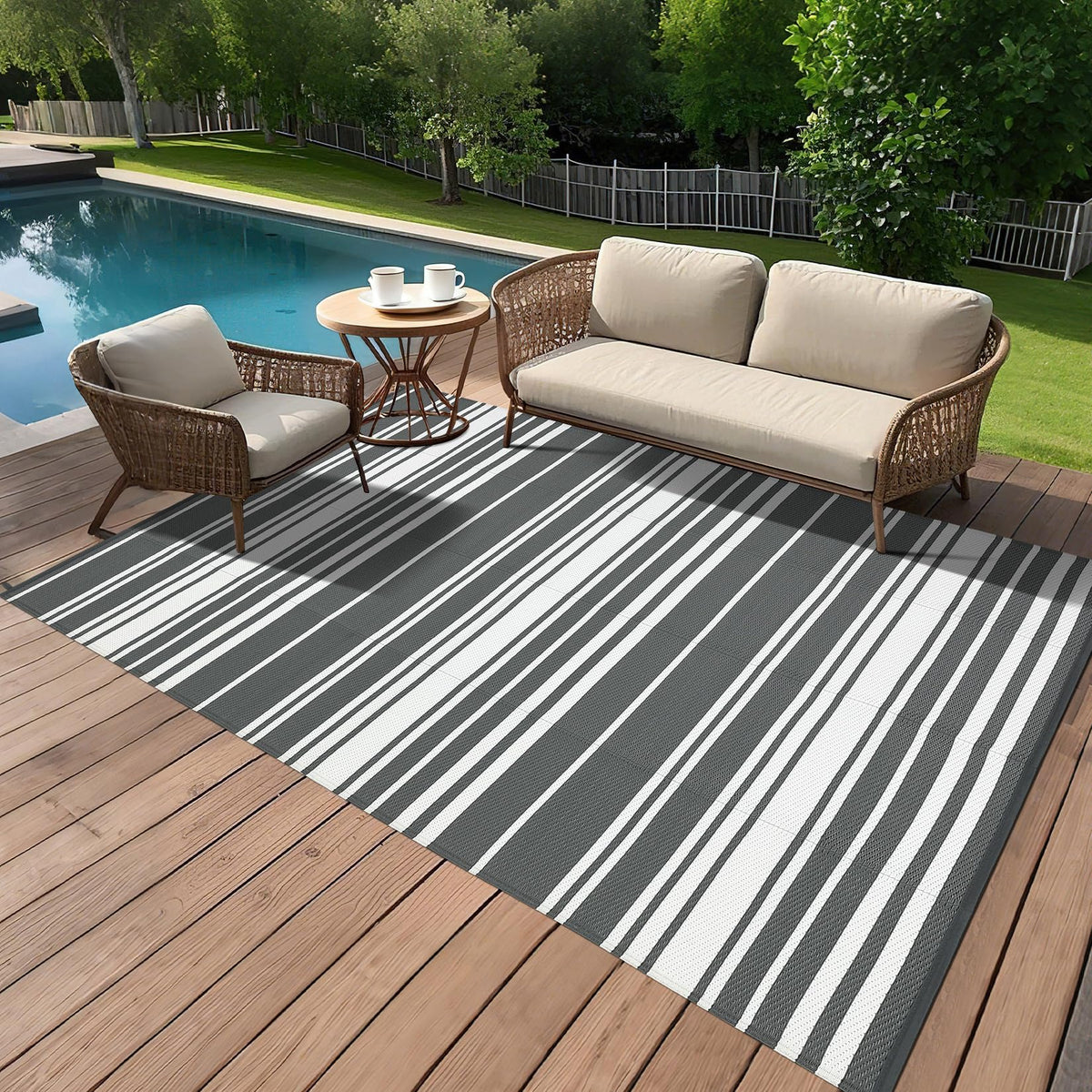 GarveeHome Outdoor Rug Mat for Patio, 9x18 Plastic Straw Rug, Modern Striped Outdoor Camping Rugs for Patio, RV, Porch, Deck, Backyard, Balcony, Camping, Trailer (Grey)