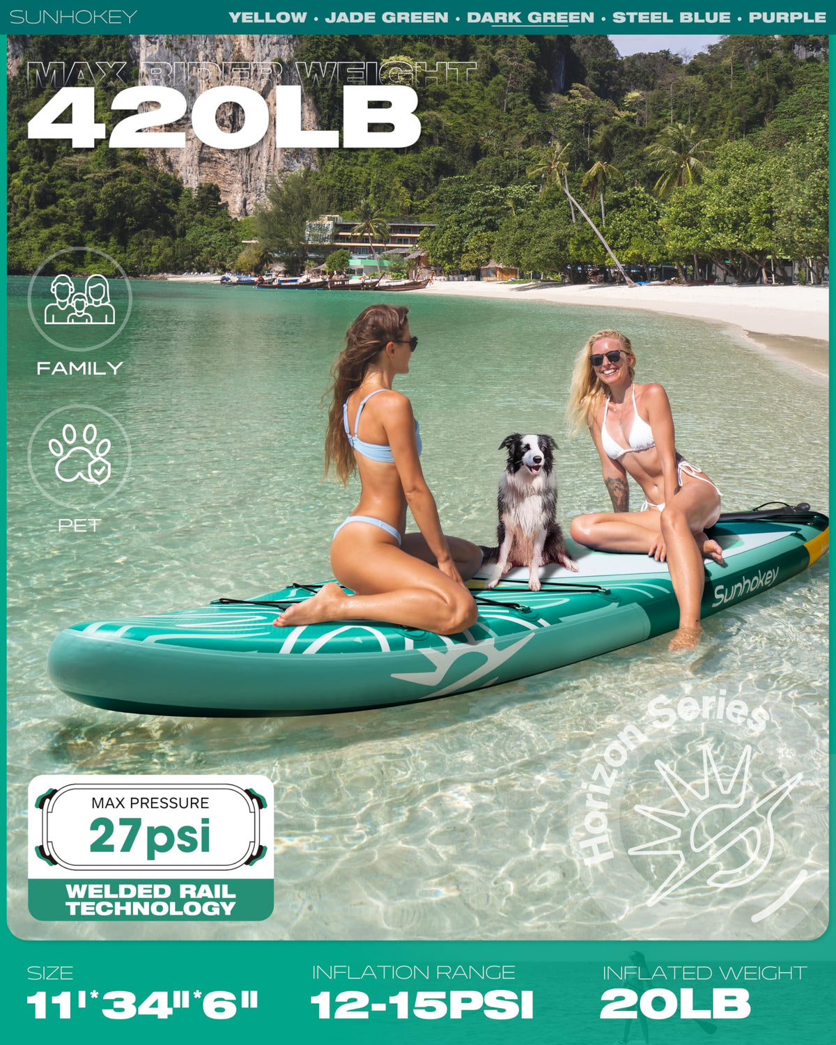 SUNHOKEY 11'×34'' Extra Wide Inflatable Paddle Board with Seam Welded Technology, Stand Up Paddle Board, 420lb Capacity for Adults, Sup Board for All-Level with 2-Blade Paddle/Dual-Action Pump/Leash