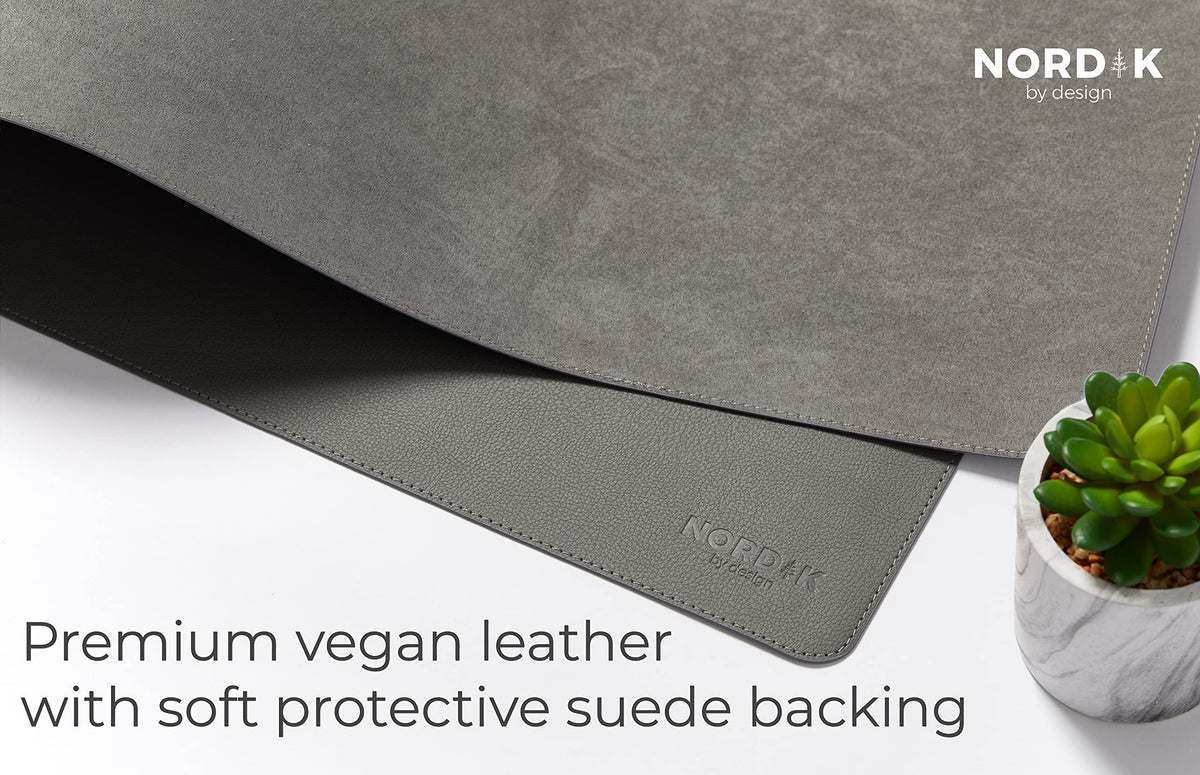 Nordik Leather Desk Mat Cable Organizer - Alaskan Gray 35 X 17 inch - Premium Extended Mouse Mat for Home Office Accessories - Non-Slip Vegan Leather Desk Pad Protector & Desk Blotter Pad