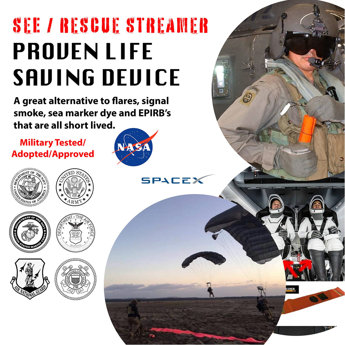 SEE/RESCUE Streamer Survival Tool - The Easy to Use, Portable Rescue Device to Use on Land, Sea, or Snow, Day or Night When Lost or Stranded to Provide Continuous Visibility, Large Lighted Streamer