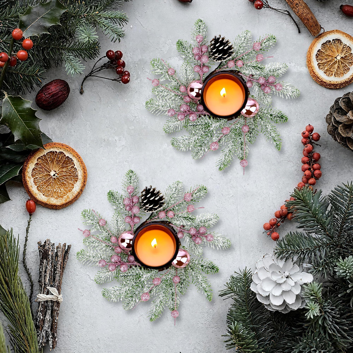 Christmas Candle Rings Wreaths,8" Small Wreaths for Kitchen Cabinet with Balls,Pine Cones,Pine Needles and Berries for Home Christmas Table Centerpiece Decorations (4, Pink)