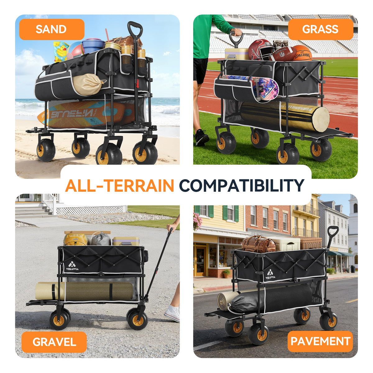 400L Double Decker Beach Wagon-500LBS Heavy Duty Beach Cart with 9" Big Balloon Wheels for Sand,Folding Collapsible Wagon with Side Pocket for Beach, Fishing, Camping,Outdoor(Black)