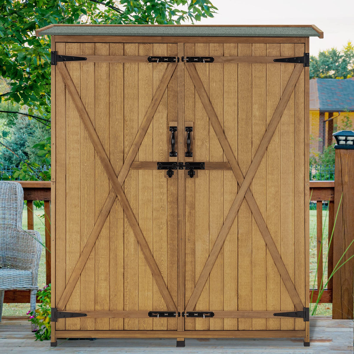 MCombo Outdoor Storage Cabinet with Shelves, Wood Garden Shed with Floor, Outside Tool Shed with 2 Lockable Doors for Yard Patio Lawn, 1400 (Natural)
