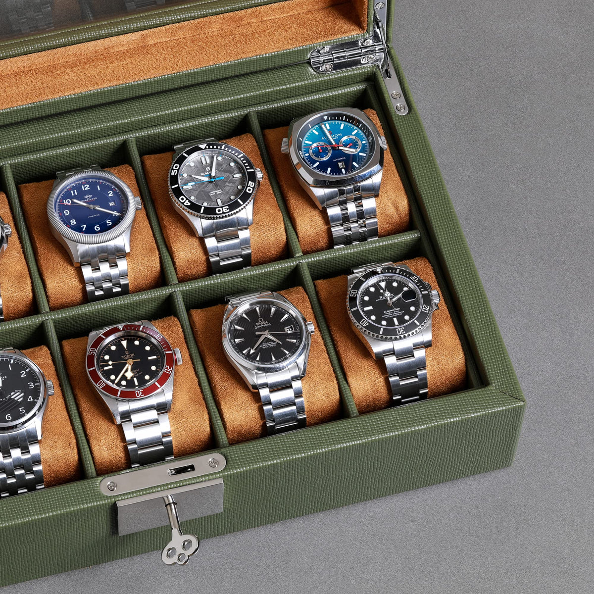 ROTHWELL 10 Slot Leather Watch Box - Luxury Case Display Jewelry Organizer - Locking Watch Display Case Holder with Large Glass Top - Box Organizer for Men and Women (Green/Tan)