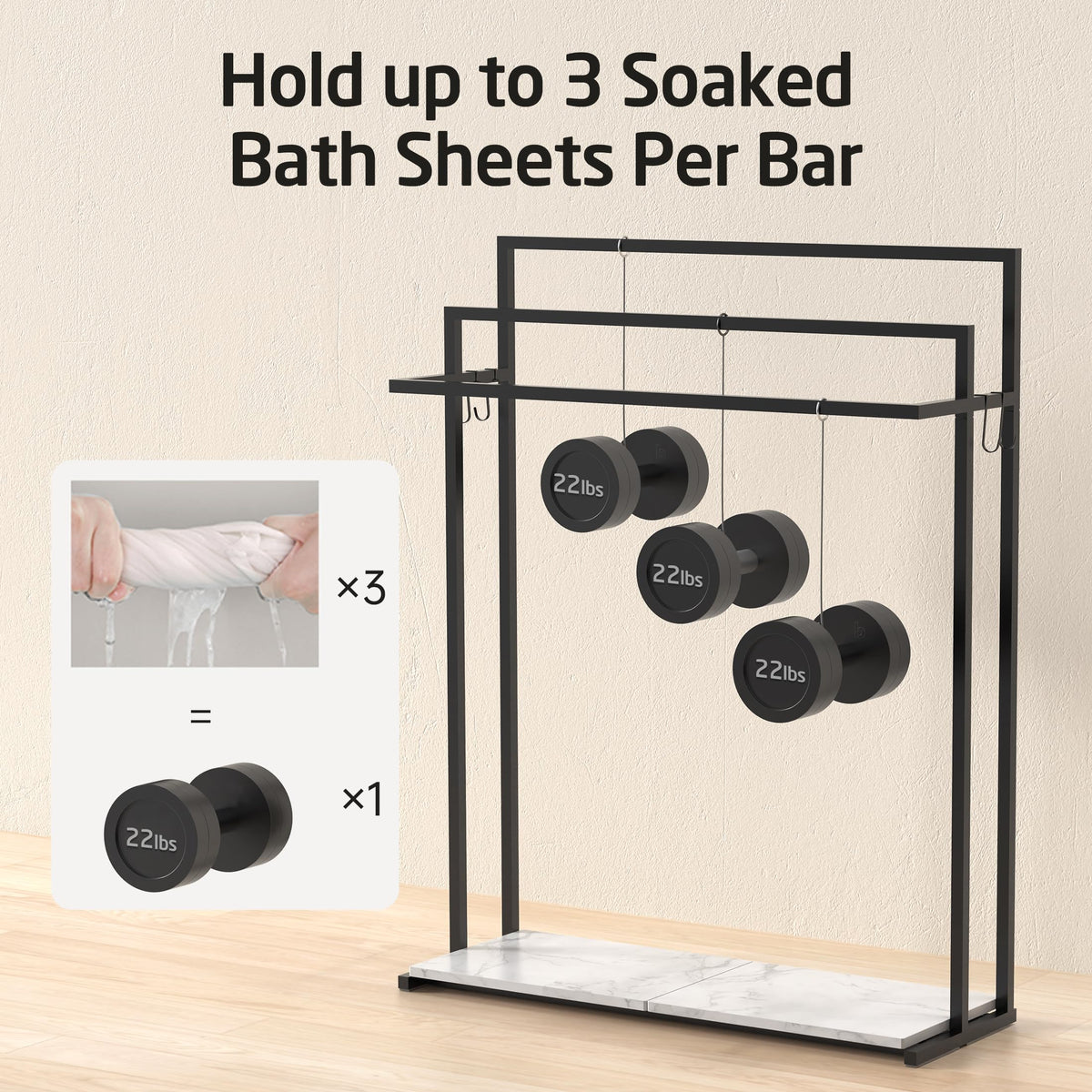 KES Extra Large Free Standing Towel Racks for Bathroom with Anti Wobble Base, 44 Inch Blanket Rack, 3-Tier Blanket Holder for Living Room with Weighted Marble Shelf & 4 Hooks, Matte Black, BTH504-BK