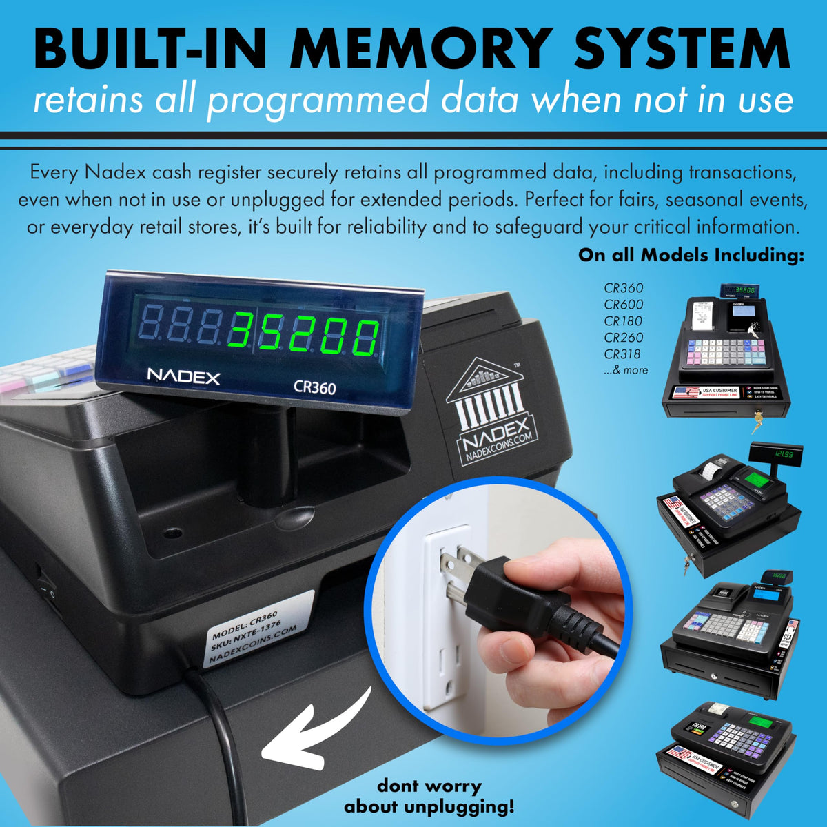 Nadex CR180 Electronic Cash Register, Steel Cash Drawer, Compact Design, White