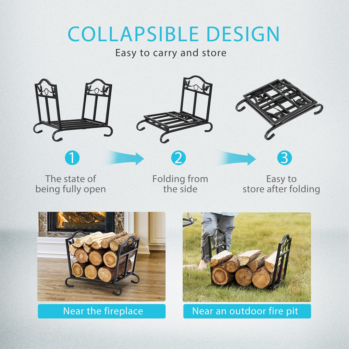 VIVOHOME 21.5 Inches Folding Heavy Duty Firewood Storage Log Rack with 8ft Heavy Duty Indoor Outdoor F