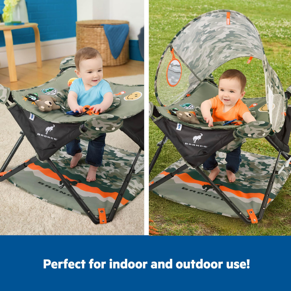Bright Starts Ford Bronco Pop 'N Jump Portable Baby Jumper, Foldable Indoor/Outdoor Baby Jumper with Sensory Activities, Ages 6-12 Months