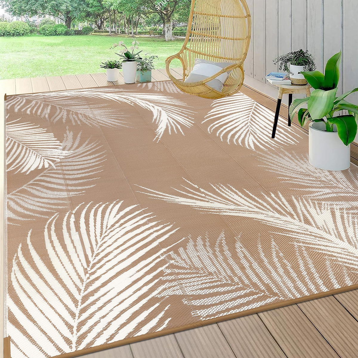 Pauwer Waterproof Outdoor Rug 10x14, Reversible Plastic Straw Patio Camping Rug, Indoor Outdoor RV Mat Carpet for Deck, Camper, Porch, Balcony, Backyard, Picnic, Leaf Brown
