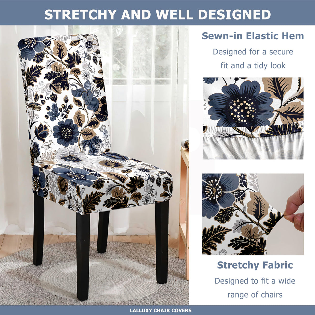 Lalluxy Chair Covers for Dining Chair Set of 4, Stretchy Soft Parson Chair Covers Removable Washable Kitchen Dining Room Chair Slipcovers with Elastic for Universal Fit (Dark Flowers II)