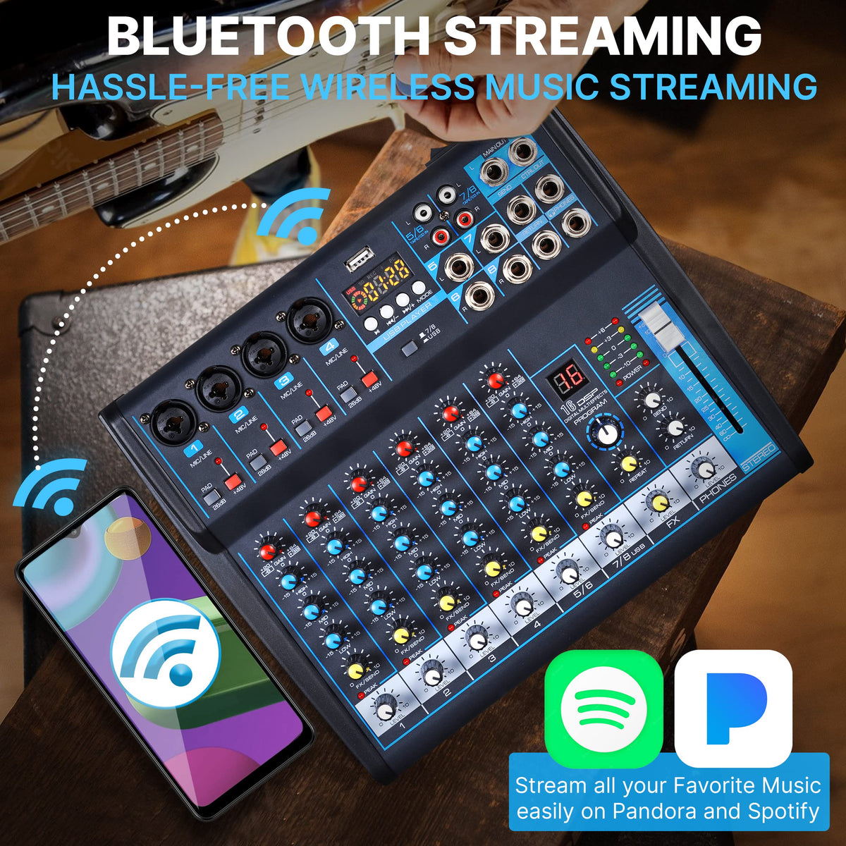 Pyle 8 Channel Bluetooth Studio Mixer - USB Computer Recording, Built-In MP3 Player, 48V Phantom Power, 16-Bit DSP FX, 3-Band EQ, XLR Combo Inputs, DJ Sound Board - PMXU83BT.5