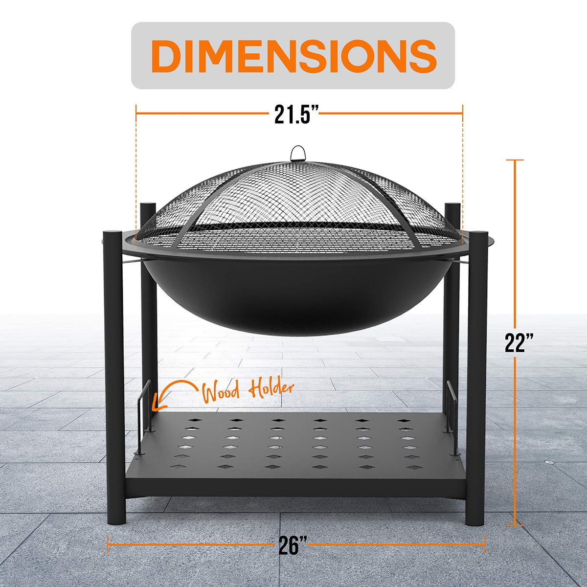SereneLife Outdoor Wood Fire Pit - 26" Steel BBQ Grill with Mesh Spark Screen, Log Grate, Fire Poker & Cover for Camping, Picnic, Bonfire - Durable, Easy to Assemble, 2 in 1