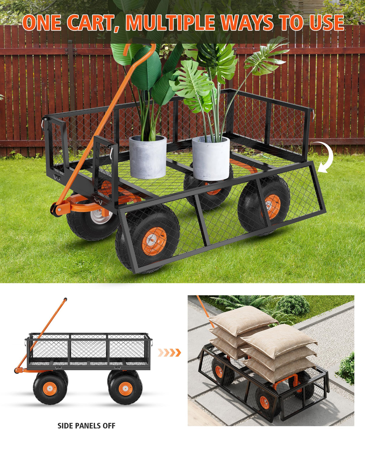 Heavy Duty 900 Lbs Capacity Steel Garden Cart, 3-in-1 Utility Metal Wagon, with Removable Mesh Sides to Convert Into Flatbed, 180° Rotating Handle and 10" Tires