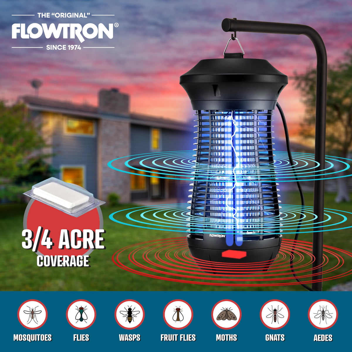 Flowtron Outdoor Bug Zapper | 4000 Volt Electric Insect Killer with ¾ Acre Coverage | Non-Clogging Shock Grid | Kills Mosquitoes Flies & Flying Insects | Patio Deck Yard Camping | ETL Certified