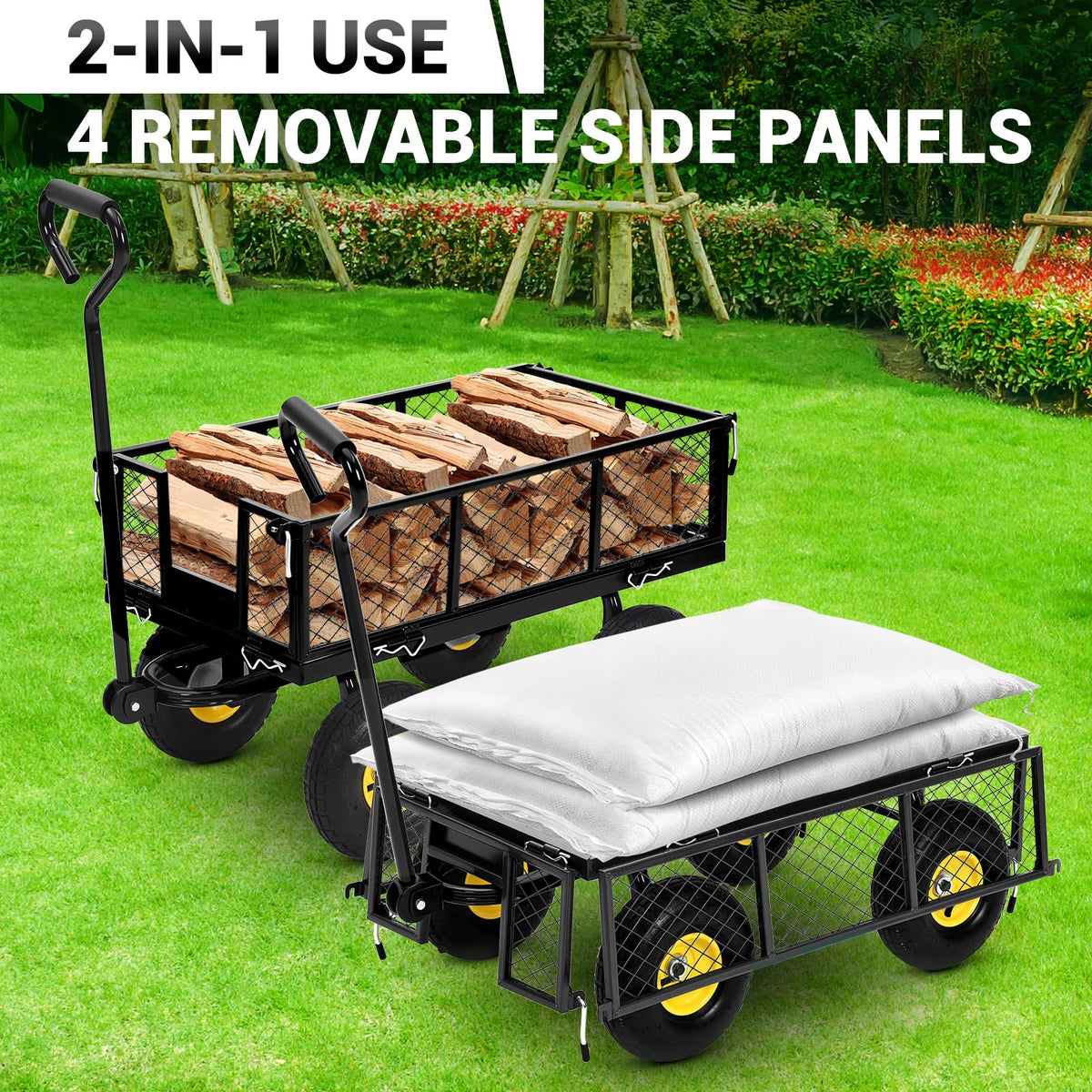 1100Lbs Steel Garden Cart, Heavy Duty Utility Wagon with Removable Sides, 180° Rotating Anti-Slip Handle,10in All Terrain Wheels