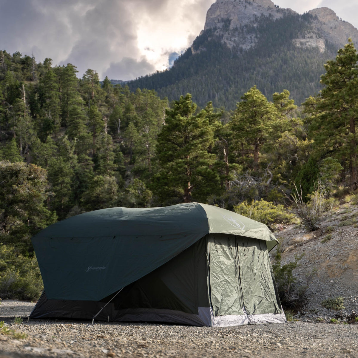 Gazelle Tents™, T4 Tandem Hub Tent, Easy 90 Second Set-Up, Waterproof, UV Resistant, Convertible Screen Room, Removable Floor, 4-8 Person, Alpine Green, 78" x 94" x 165", GT450GR