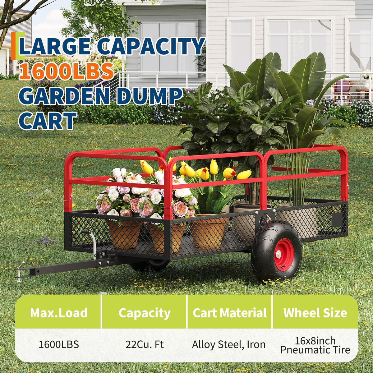 GarveeLife ATV UTV Trailer Tow Behind Dump Cart, 1600 lbs 22 Cubic Feet Heavy Duty Yard Garden Trailer Pull Behind with Removable Sides & All Terrain Tires, Fits Lawn Mower, Tractor, Garden