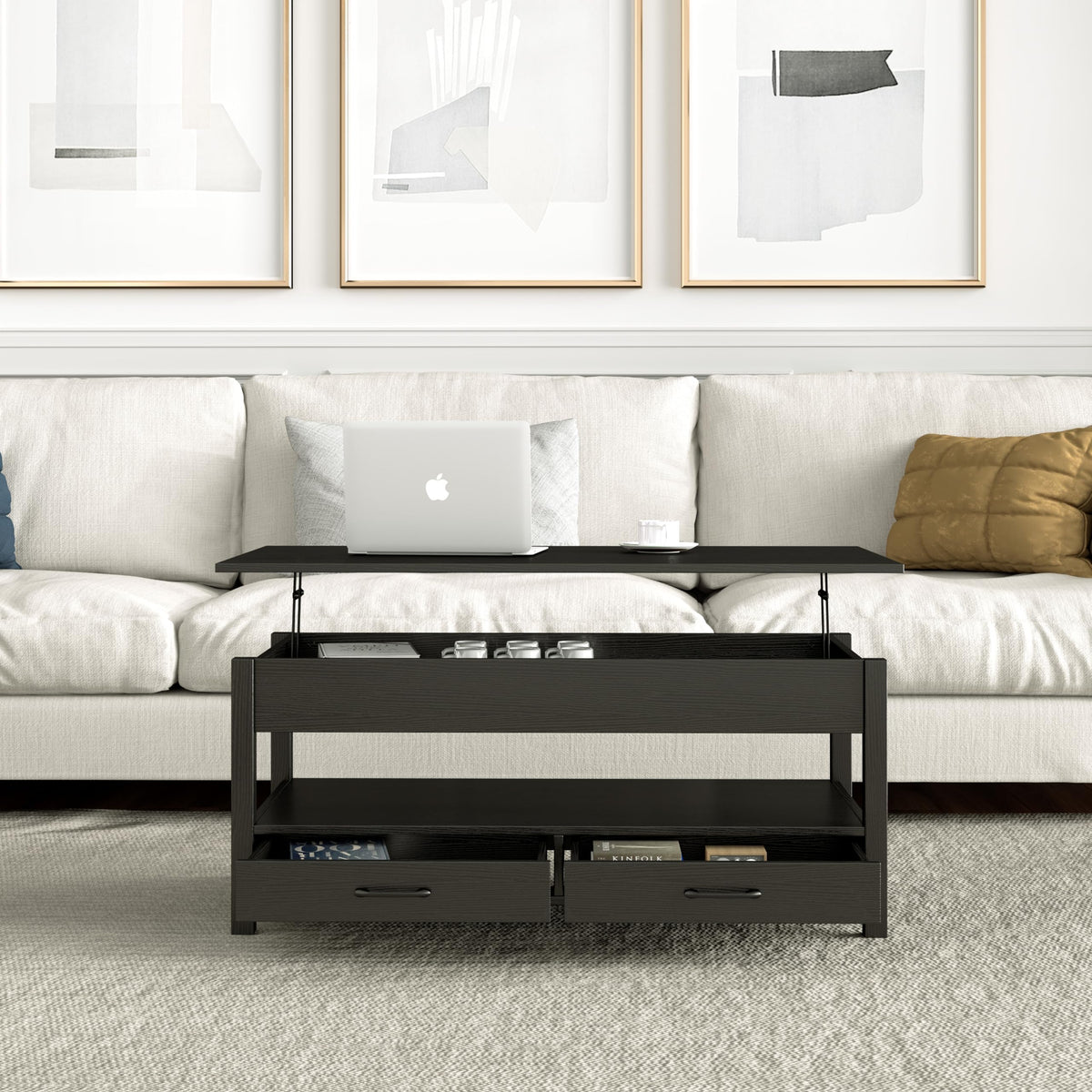 Panana Coffee Table, Lift Top Coffee Table with Hidden Compartment, 2 Drawers and 1 Open Shelf, Retro Central Wooden Table Lift Tabletop for Living Room (Black)