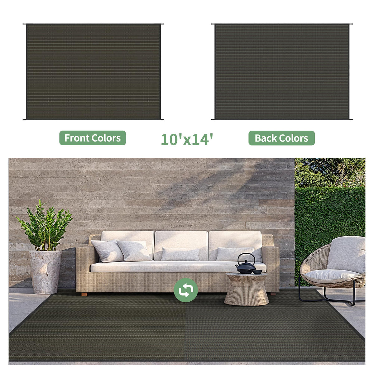 GENIMO Outdoor Rug for Patio Clearance, 10'x14' Reversible Plastic Straw Rugs, Lightweight Waterproof RV Camping Mat for Camper, Balcony, Deck, Backyard, Picnic, Black & Brown