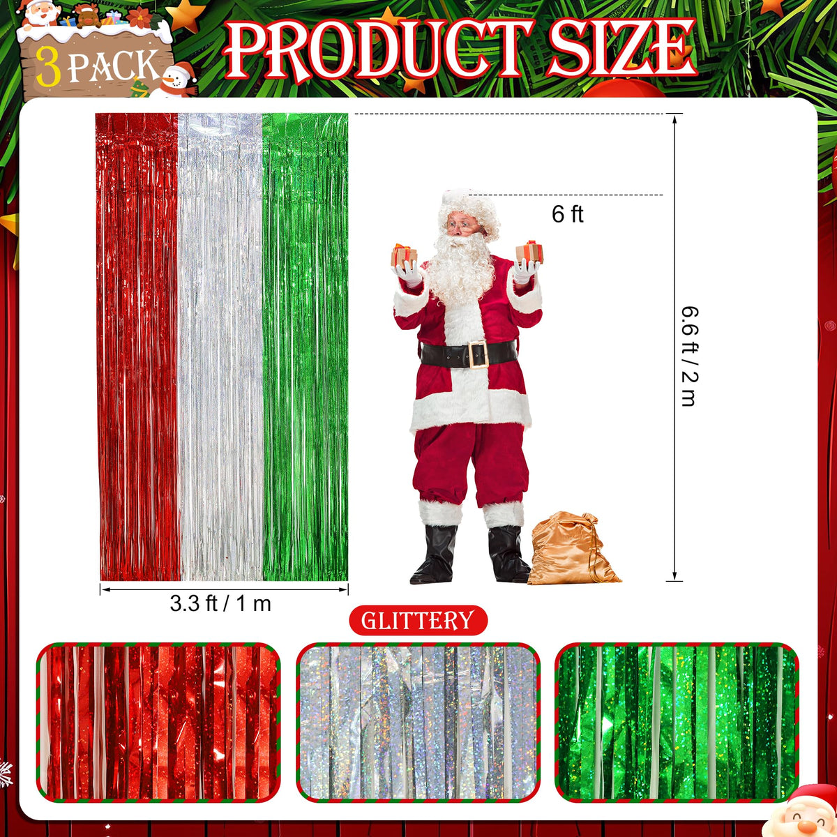 3 Pack Christmas Party Decorations Foil Fringe Curtains,3.3 X 6.6ft Red Silver Green Christmas Tinsel Metallic Backdrop Streamers Photobooth Props for Xmas Holidays Birthday Party Wall Decoration