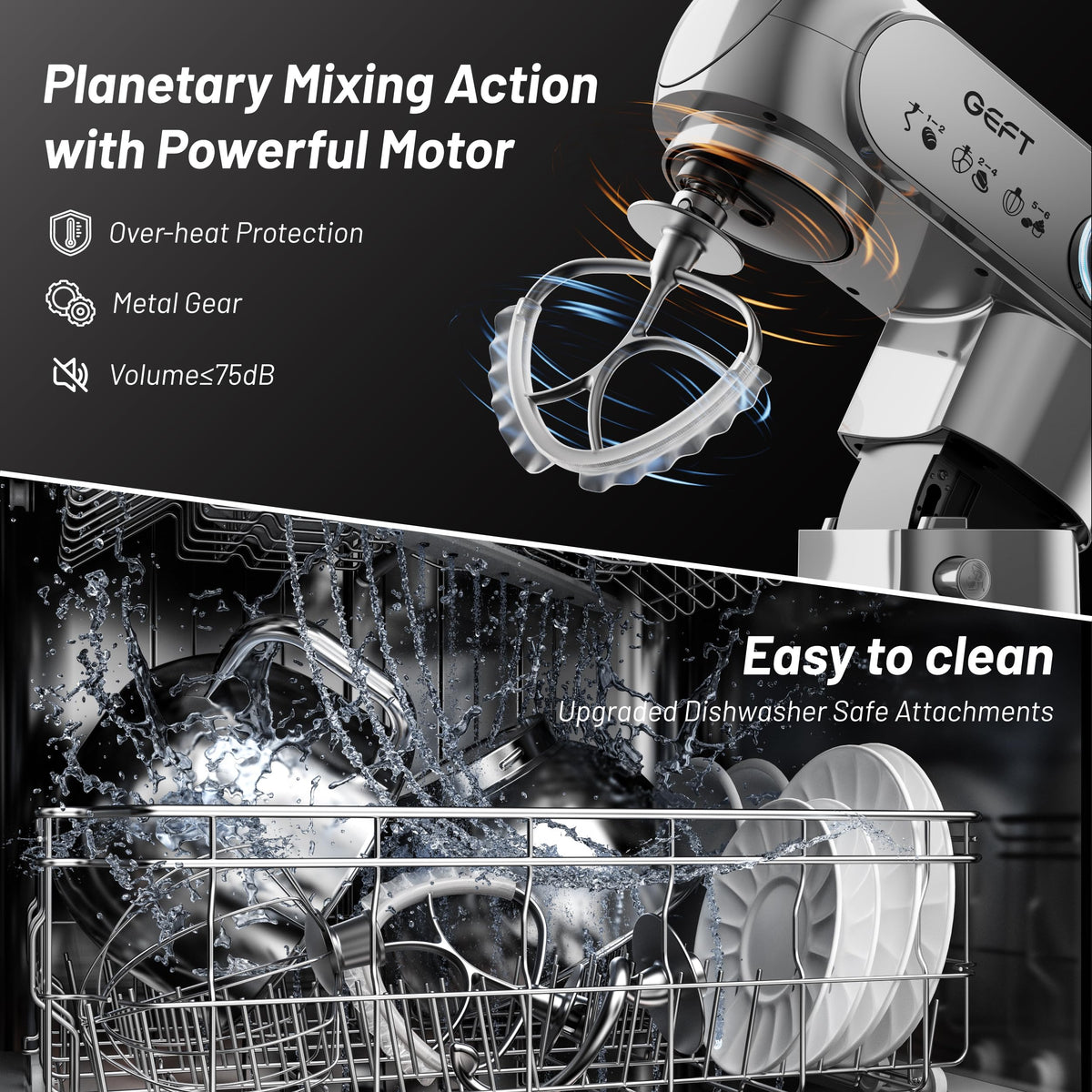 GEFT Stand Mixer, 3.5QT+6QT Two Bowls Kitchen Electric Mixer, 600W 6+P speed Tilt-Head Food Mixer with Stainless Steel Bowl, Dishwasher-Safe Dough Hook, Flat Beater, Wire Whisk, Splash Guard, Grey