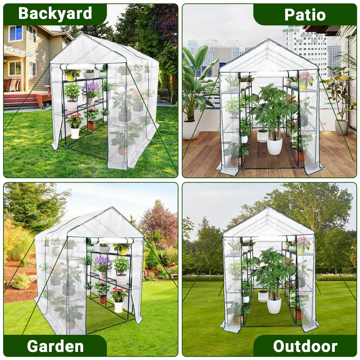 56"x85"x76" Walk-in Greenhouse for Outdoors, Green House Kit with Mesh Windows, UV-Resistant PE Cover, 3-Tier 8 Shelves for Seedling Flowers Growing, White