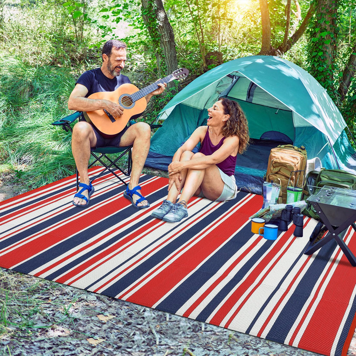 IDEALHOUSE Outdoor Rug 9x18 Ft, Waterproof Plastic Reversible Rug, Modern Camping Mat for Outdoors, RV, Patio, Backyard, Deck, Picnic, Beach, Trailer(Red & Navy & White)