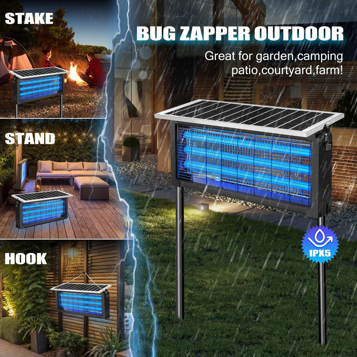 Solar Bug Zapper Outdoor - Mosquito Electric Fly Zapper 30W Waterproof - Cordless Solar Powered Bug Zapper for Patio Garden Backyard RV Camping Pond