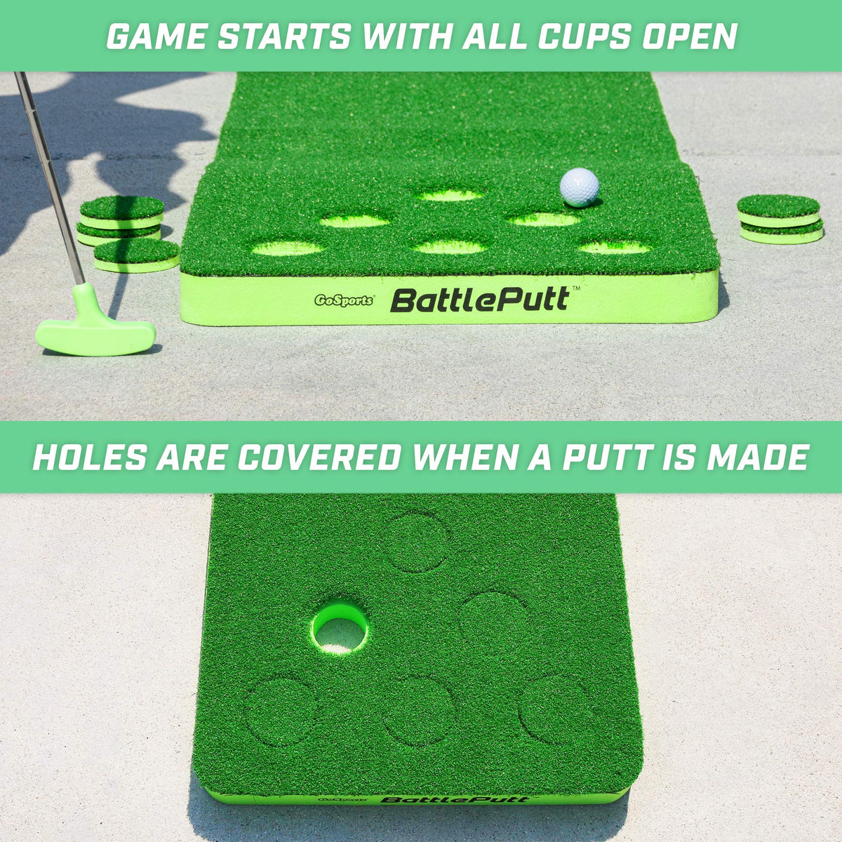 GoSports BattlePutt Golf Putting Game Set - 11 ft Backyard Putting Green Pong Style Golf Mat with 2 Putters, 2 Balls and 12 Hole Covers - Great Golfer Gift