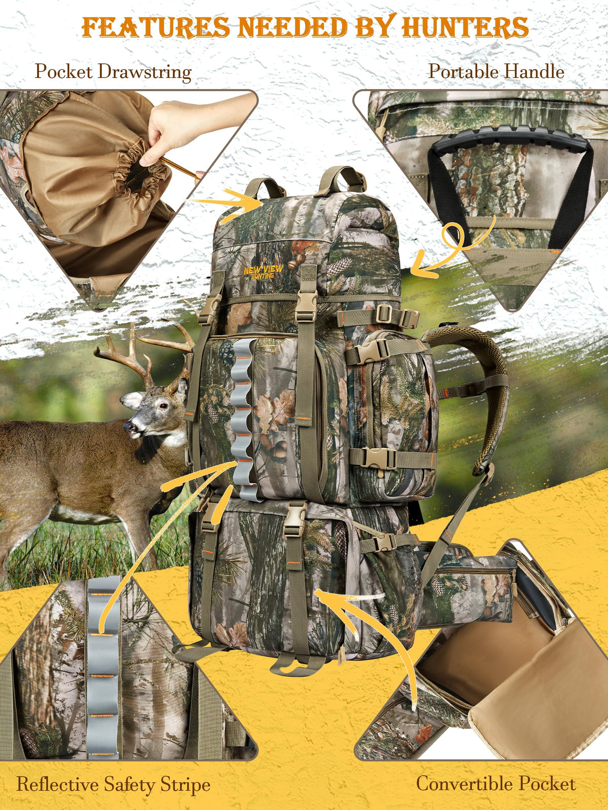 NEW VIEW 80L Hunting Backpack with Waterproof Rain Cover & Hunting Fanny Waist Pack with Chest Pack for Men