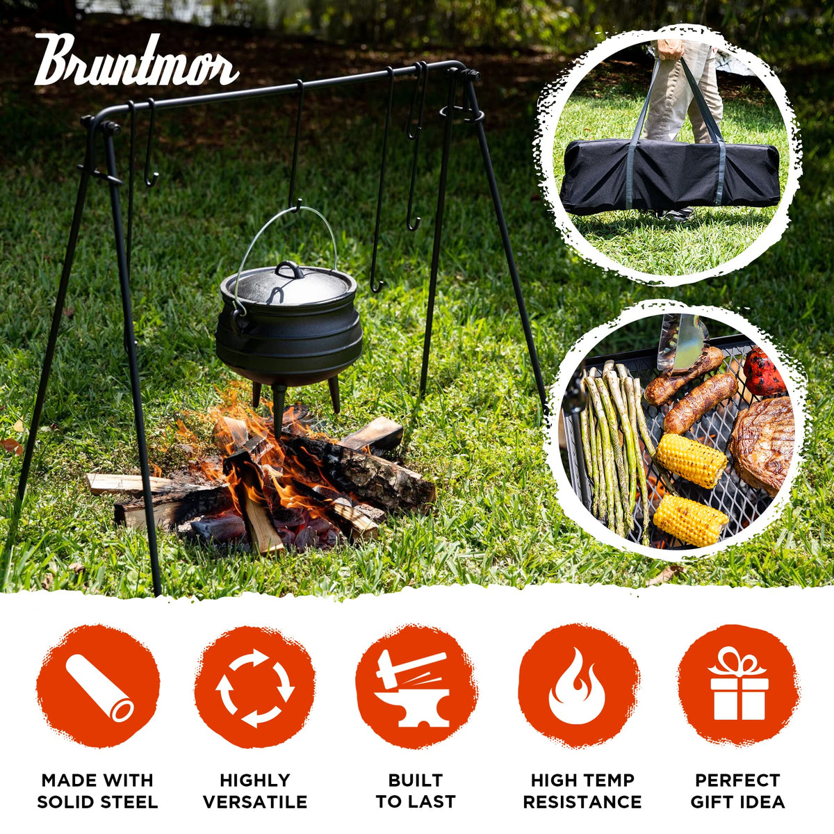 Bruntmor Grill Swing Campfire Cooking Stand BBQ Grill for Cookware & Dutch Oven Adjustable Collapsible Legs with Hooks & Accessories & Carrying Case Black