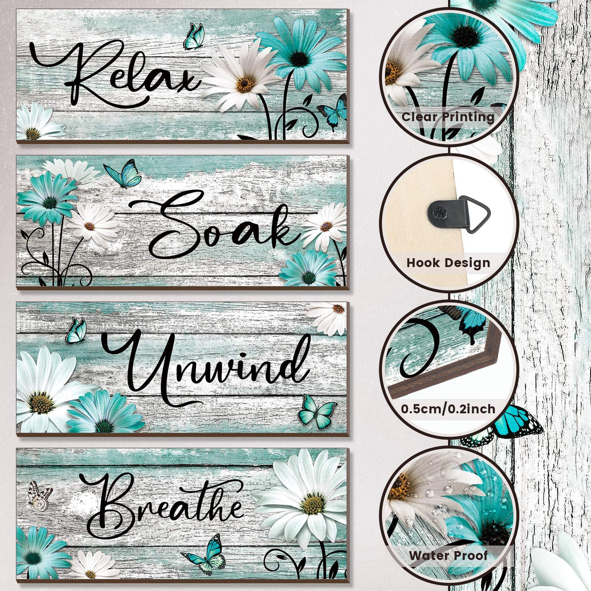 Sunnyray 4 Pcs Farmhouse Bathroom Wall Decor Sign Spring Daisy Tulip Flowers and Butterfly Bathroom Wall Art Relax Soak Unwind Breathe Rustic Wood Plaque Decor(10 x 4 Inch,Turquoise)