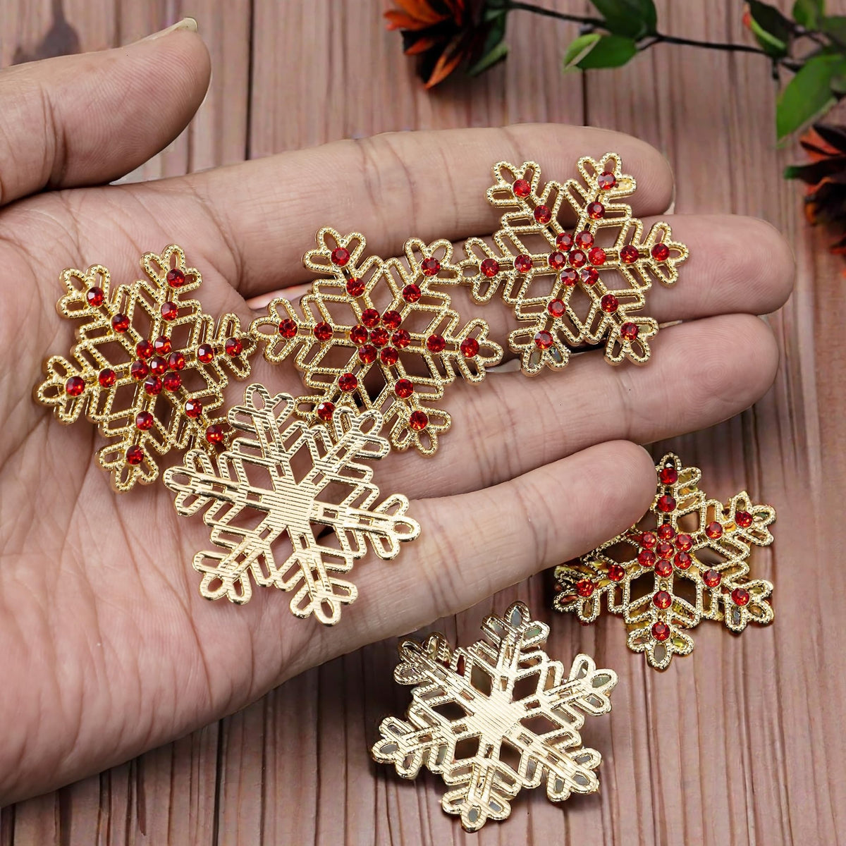 Rodvanvo 10PCS Large Hollow Hexagonal Winter Holidays Embellishment DIY Craft for Party Decorations Gift Box,Dress,Rhinestone Alloy Appliques Christmas Day Home Decor (Gold Bottom Red Rhinestone)