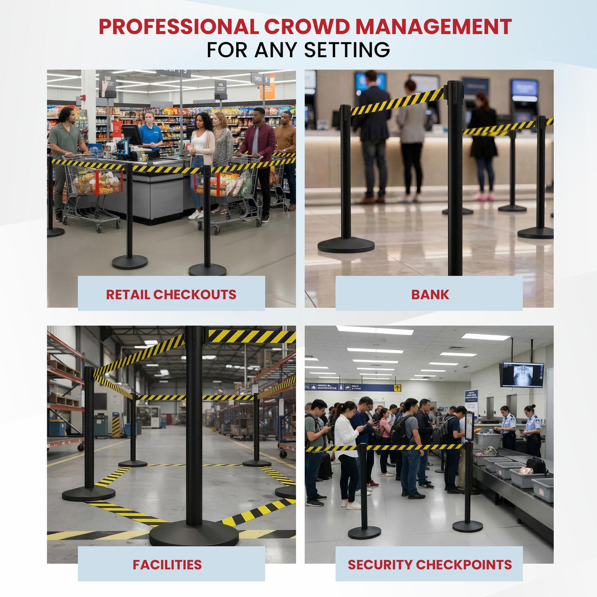 Crowd Control Warehouse Set of 2 Stanchion Retractable Belt Barriers, 11 Foot Black & Yellow Belt Barrier with 40” Black Posts, Premium Barriers with Heavy Duty Concrete Base, CCW Series RBB-100