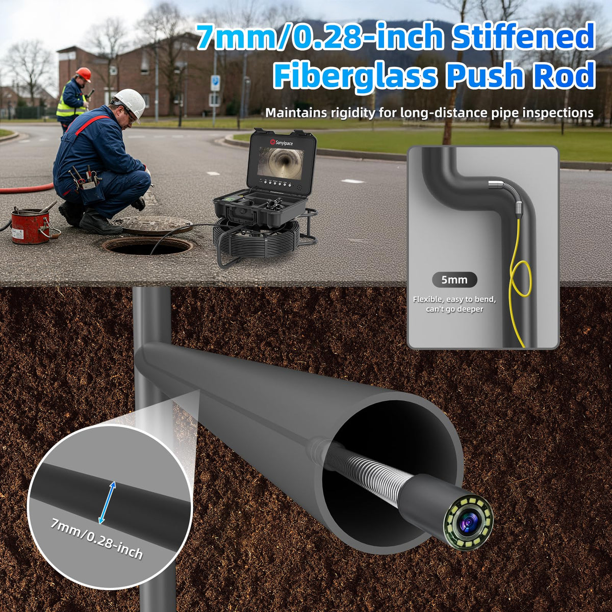 Sanyipace Sewer Inspection Camera, 328FT/100M Drain Camera with Locator, 7MM Stiffer Cable, Self-Leveling, 512Hz Transmitter, 10.1" Screen Pipe Camera, 32GB Card, Distance Counter