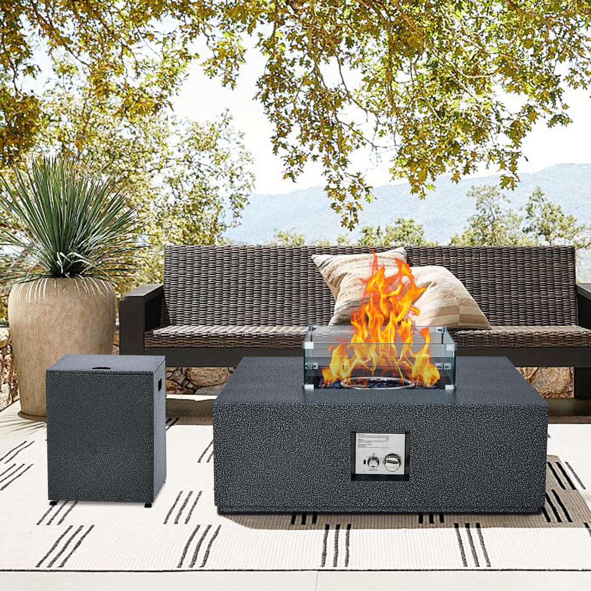 50000 BTU Propane Fire Pit Table, 36 in Outdoor Gas Fire Pit Table with 16 in Propane Tank Cover, Wind Guard, Glass Rocks & Rain Cover for Garden Backyard Deck Patio