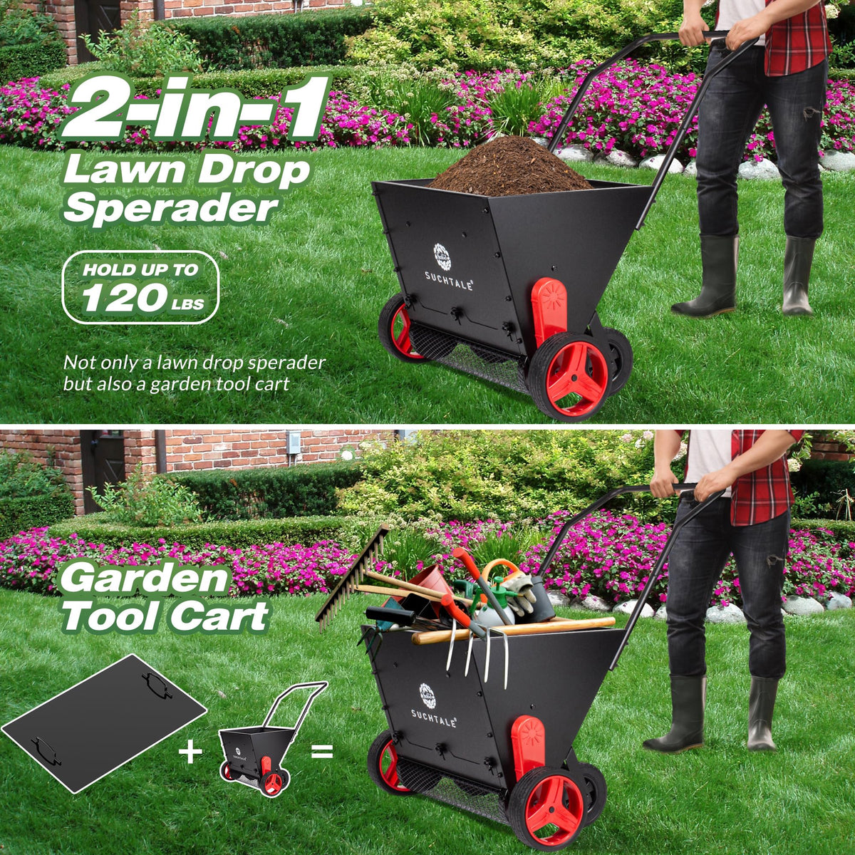 Suchtale Upgrade Push Lawn Spreader for Compost & Peat Moss, Organic Fertilizer Applicator with Rotating Blades, Adjustable Rate Metal Mesh Basket Topdresser