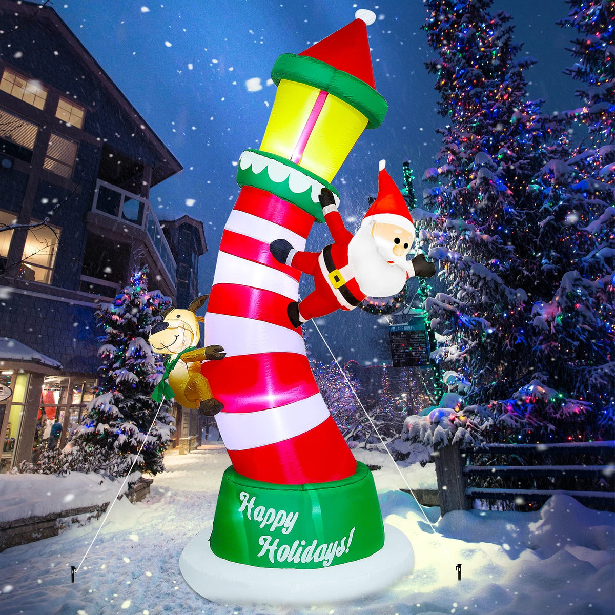 Lulu Home 9FT Christmas Inflatable Decorations, Giant Lighted Lighthouse with Santa and Reindeer, Xmas Blowups with Drawstring Bags for Winter Holiday Yard Lawn Garden Outdoor Decor