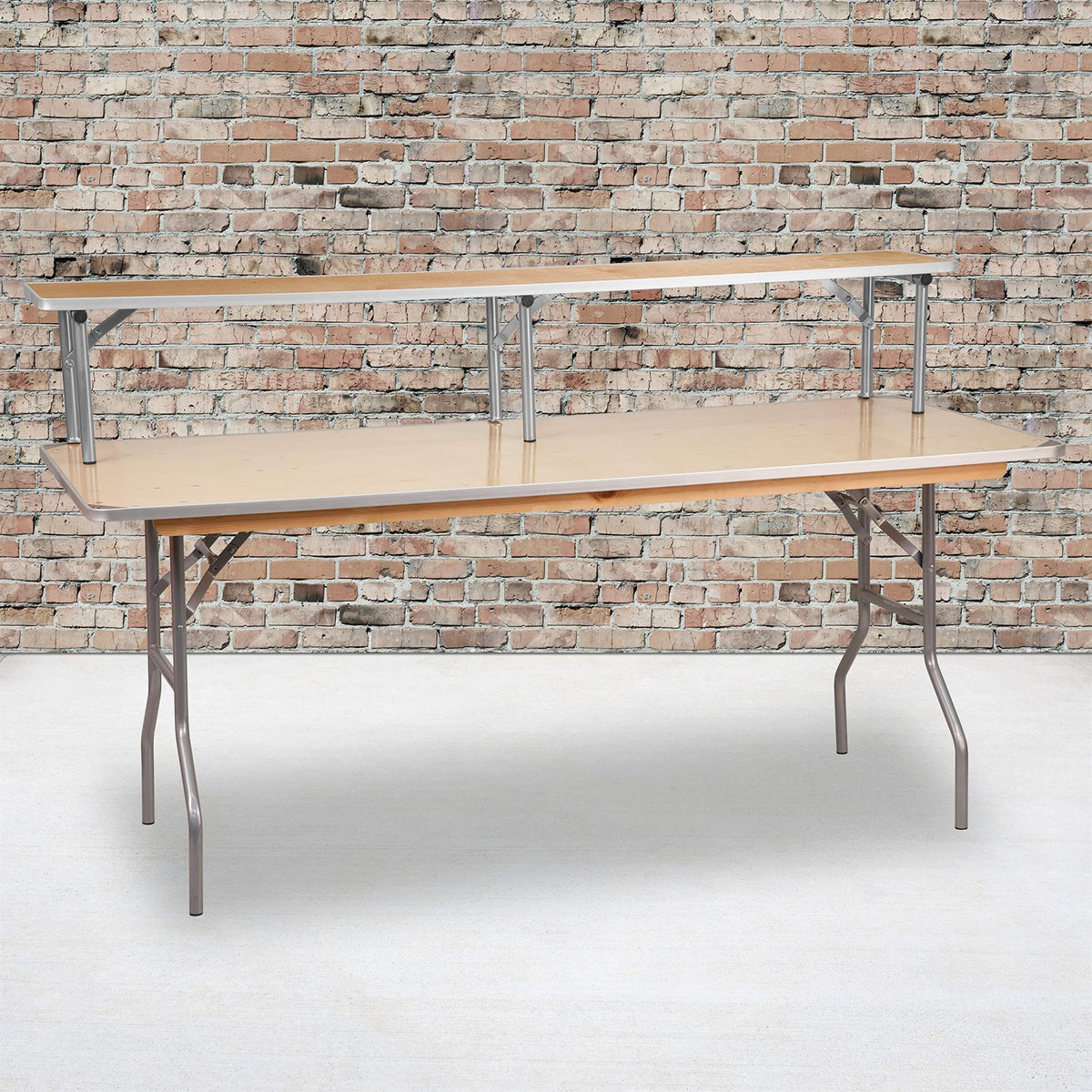Flash Furniture Amara 72" x 12" x 12" Birchwood Bar Top Riser with Folding Silver Legs, Wooden Foldable and Portable Riser for Event and Bar Tables