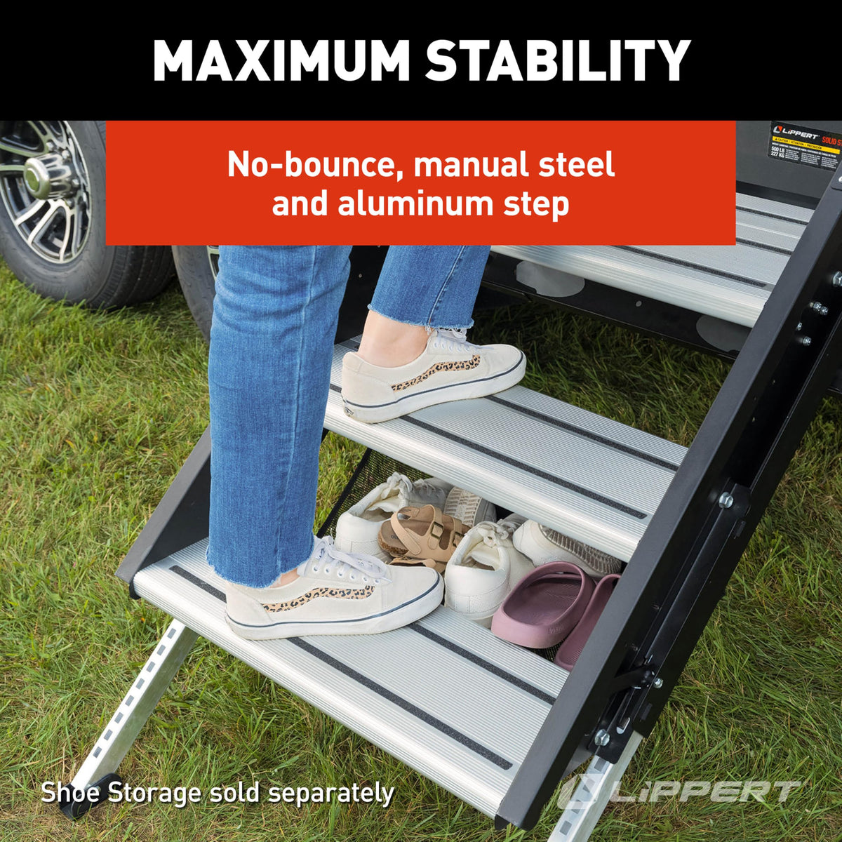 Lippert Solid Step 4.0 Premium Triple RV Camper Entry Steps with Lift Assist Gas Struts, 26" Step Width, XL Top Tread, 8" Rise, 500-lb. Weight Capacity, Adjustable Legs, Recessed Feet - 2024056998
