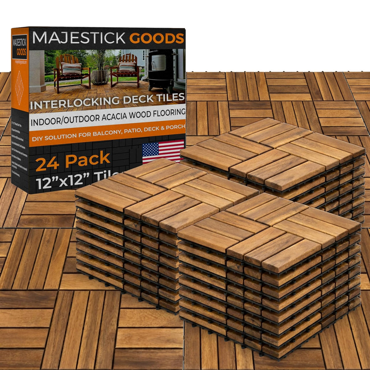 Majestick Goods Interlocking Slat Deck Tiles, Acacia Wood Interlocking Deck Tiles - Easy Installation for Patio Flooring & Walkways with Raised Base Drainage, 12 x 12 x 0.9 Inch (24 Count)
