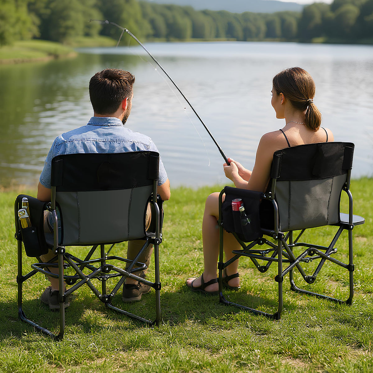 GarveeLife 2 Pack Oversized Directors Camping Chair, Portable Folding Chair for Adults Support 400 lbs, Heavy Duty Lawn Chair with Side Table, for Camping, Sports, Picnic, Beach, Fishing, Black