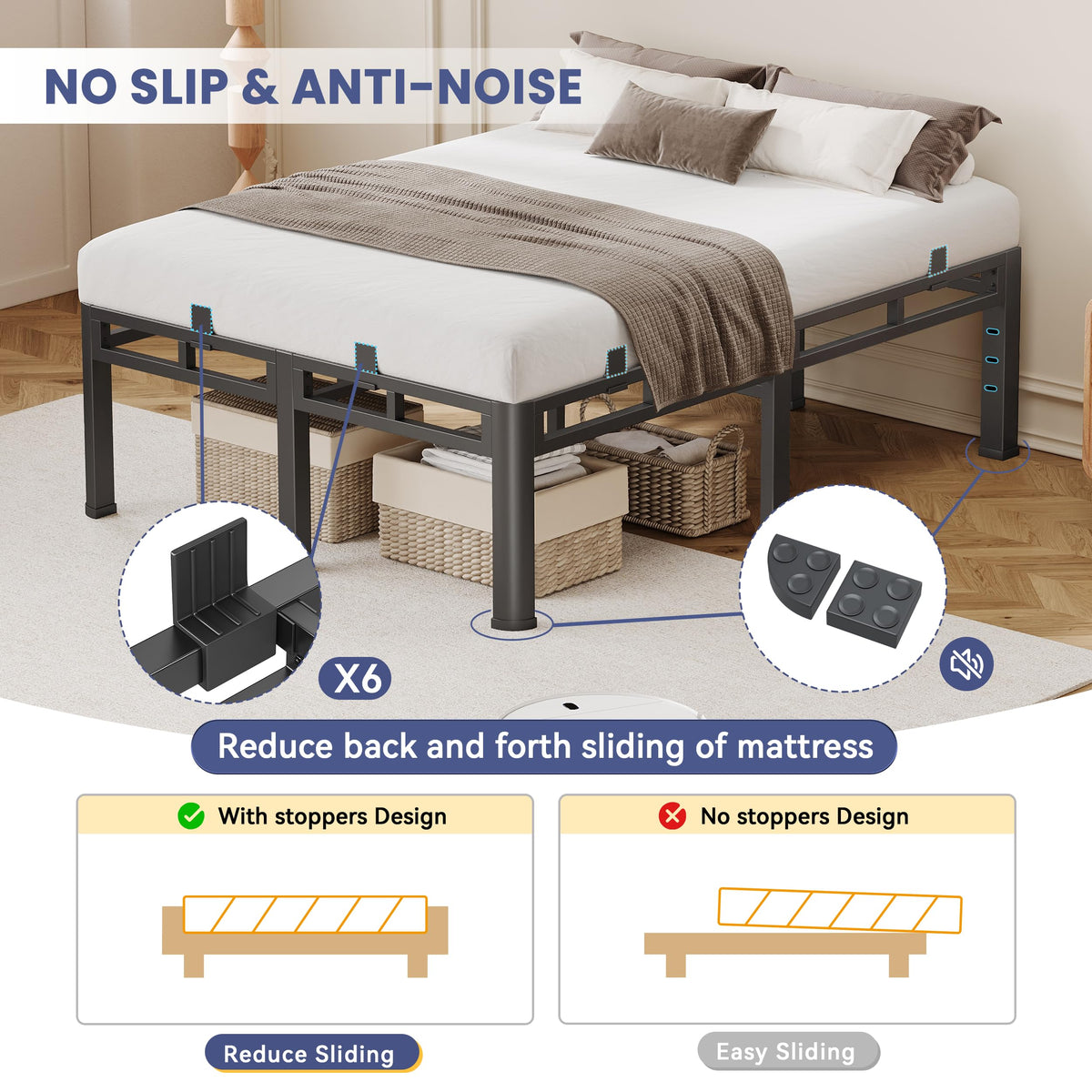 Anyroom 20 Inch Queen Bed Frame, Double Layer Heavy Duty Metal Platform 4000 lbs Capacity, Bed Frames with Headboard Holes, Round Corner Legs, No Box Spring Needed, Easy Assembly