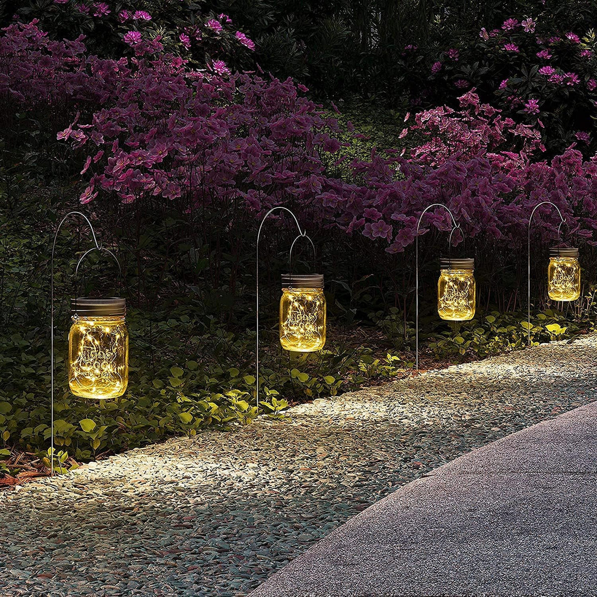 GIGALUMI Hanging Mason Jar Solar Lights, 6 Pack 30 Led Hanging Solar Lanterns Outdoor Waterproof, Hangers and Jars Included, Outdoor Decor for Balcony, Garden, Patio, Yard, Wedding