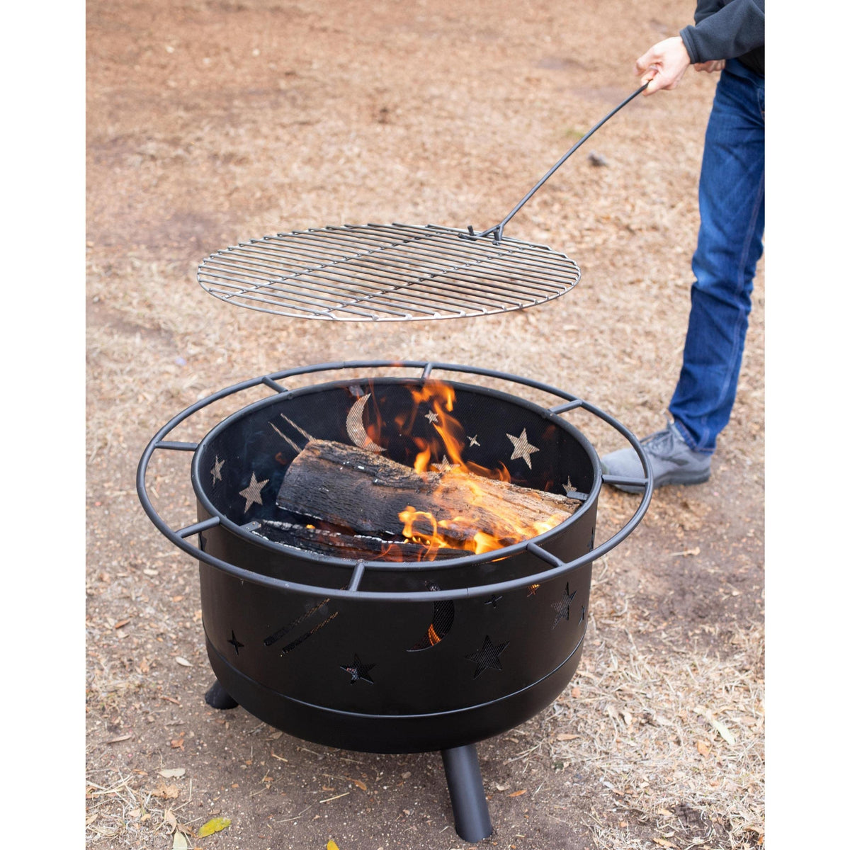 BIRDROCK HOME 30″ Round Wood-Burning Fire Pit – Portable Outdoor Patio & Garden Fire Bowl with Stars & Moon Cut-Outs, Spark Screen, Built-in Grate, 4 Roasting Sticks & Fire Poker - Black