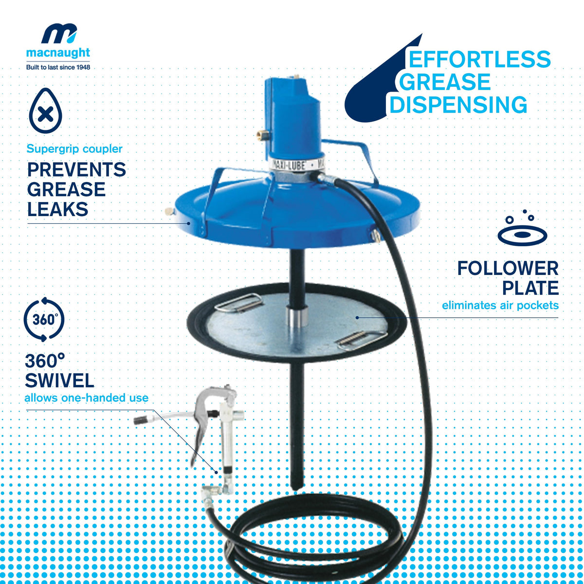 Macnaught Legendary P6TR 50:1 Air-Operated Greasing Pump for 120 lb. Drum. Includes Booster Gun, Hose and Trolley, Low Air Consumption (3CFM)